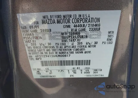 2006 Mazda Tribute S из США, поврежденный, VIN 4F2YZ94126KM00817